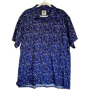 Yiume XL Hawaiian Shirt Blue Coral Floral Print Black 100% Cotton Button Up